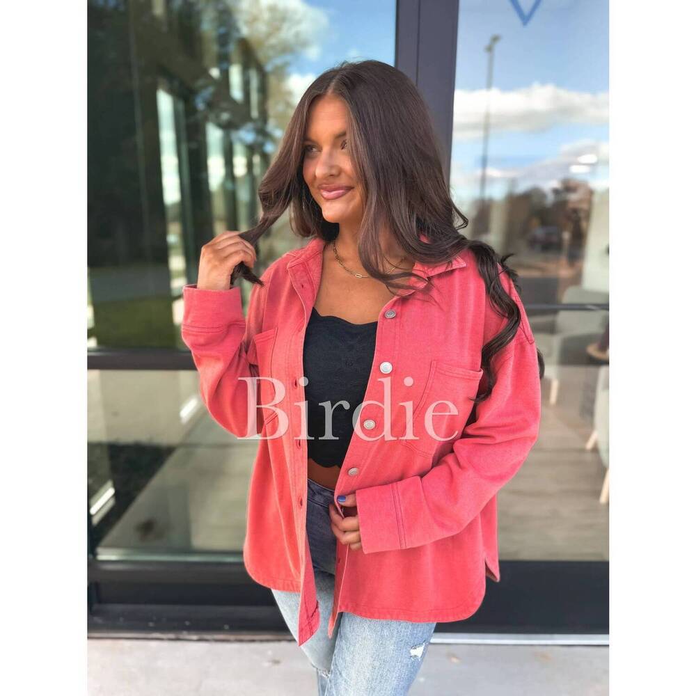 NEW BIRDIE french terry shacket in coral red